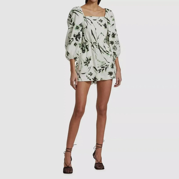 Tanya Taylor Stevie Linen Blend White Green Romper, Size S - Picture 1 of 5
